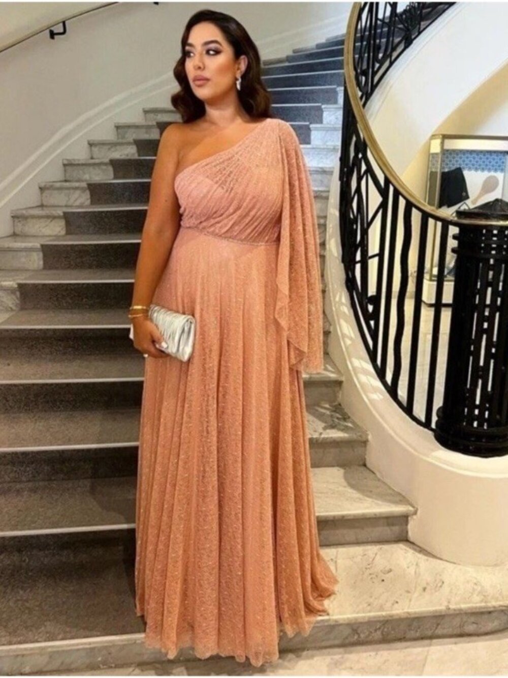 Mac Duggal Size 4 Salmon Pink 11244 Lace One Shoulder Illusion Sleeve Gown Dress